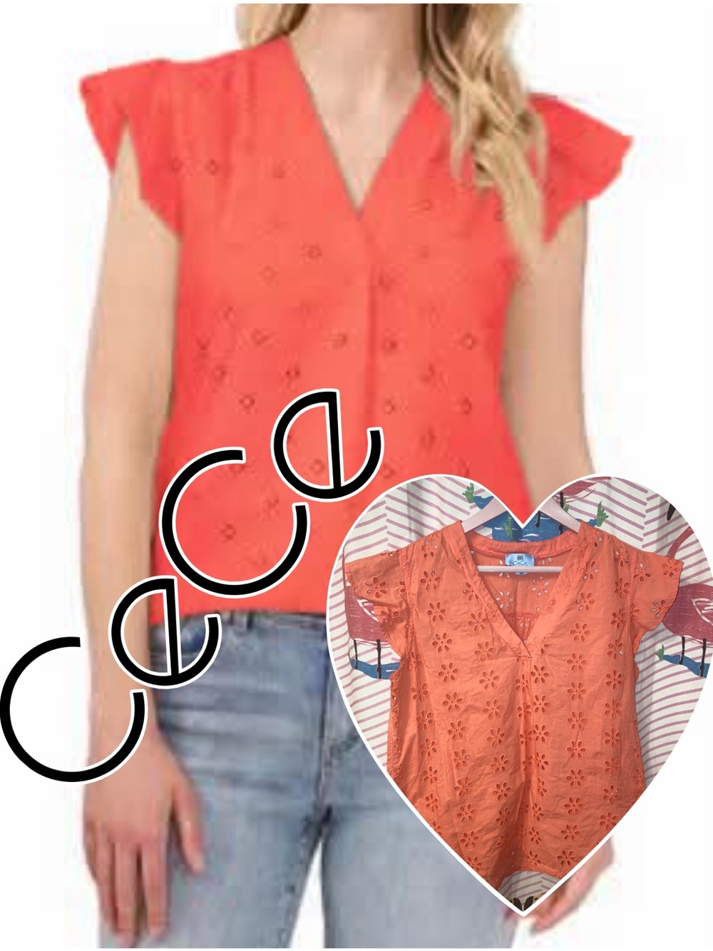 CeCe Coral Eyelet V-Neck Blouse